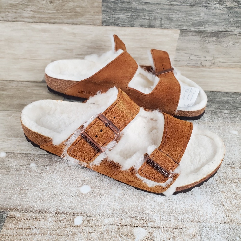 Birkenstock Arizona Shearling Sandals Mens 9 / Womens 11 Mink Slip On Open Toe